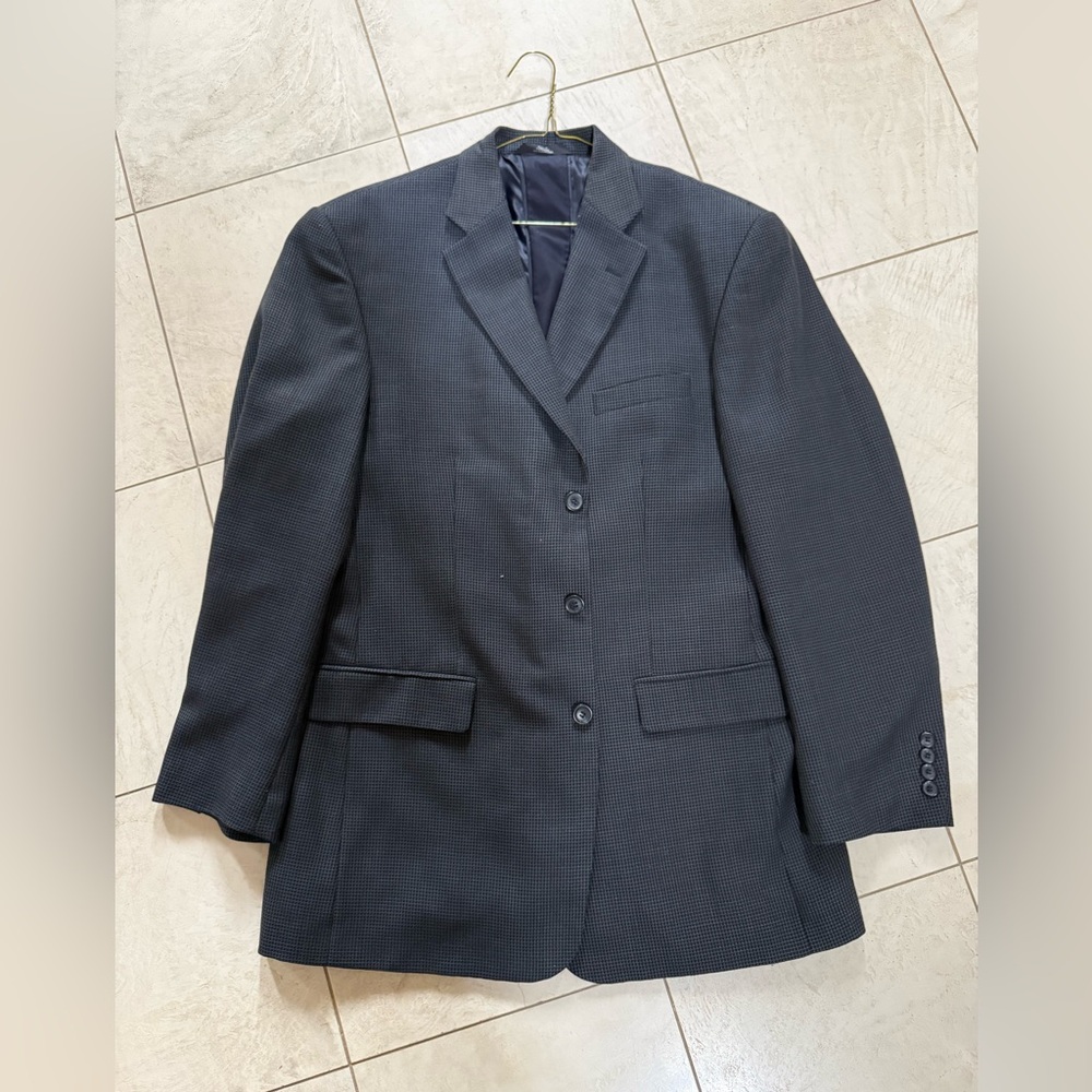 Vintage Haggar Wool Suit Jacket 42L Navy Blue Check Blazer | Dry Cleaned
